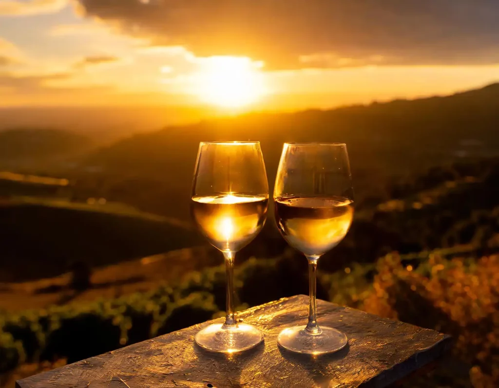Firefly calici di vino che brindano al tramonto su paesaggio collinare 37424